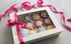 Blue Red Yellow 1st Rosette ribbon events cupcakes